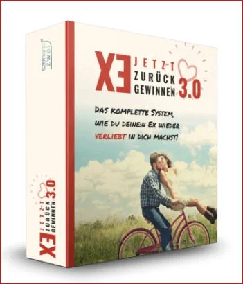 3D-Abbildung der Box "Ex Zurückgewinnen 3.0" mit einem romantisches Paar auf einem Fahrrad unter einem blauen Himmel. Strategien und Motivation nach einer Trennung, um den Ex-Partner zurückzugewinnen.