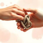 Zwei ineinander verschlungene Hände, die sanft einen verhedderten Knoten lösen, umgeben von sanften, beruhigenden Farben und abstrakten Formen, die Harmonie und Verbindung darstellen und die Lösung von Beziehungskonflikten symbolisieren.