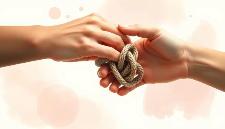 Zwei ineinander verschlungene Hände, die sanft einen verhedderten Knoten lösen, umgeben von sanften, beruhigenden Farben und abstrakten Formen, die Harmonie und Verbindung darstellen und die Lösung von Beziehungskonflikten symbolisieren.
